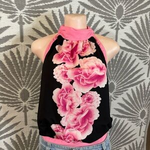 Vtg Y2K Floral Halter Top Women’s Sz XS Black Pink Chiffon Fairy Whinsigoth 90s